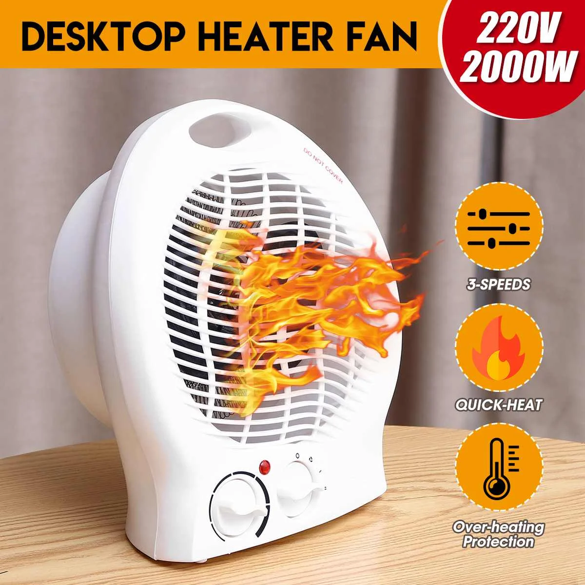 

220V 2000W Electric Fan Heater Desktop Portable Household 3 Speed Mini Heater Fan Automatic Large Air Outlet Heating Handy Fan