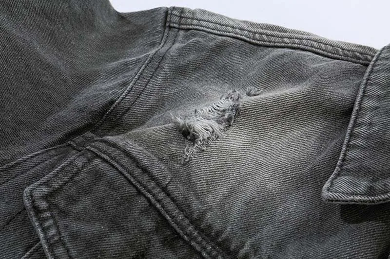 Mcikkny Men Hip Hop Ripped Denim Jackets Washed Letter Printed Jeans Jacket For Male Streetwear