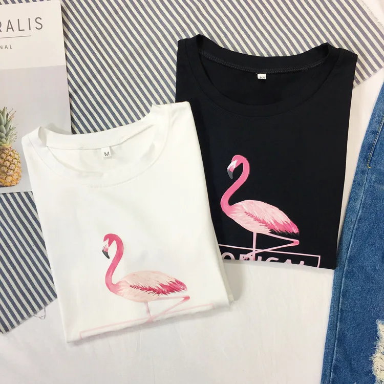 2019 Модные женские футболки с принтом Фламинго белые хлопковые Летние