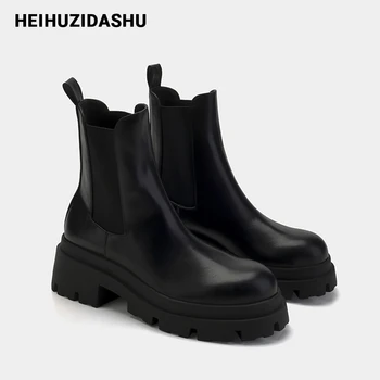 

2020 Warm Fur Ankle Boots For Women Slip On Women Chelsea Boots Black Leather Chunky Heel Platform Boots Women Winter Shoes