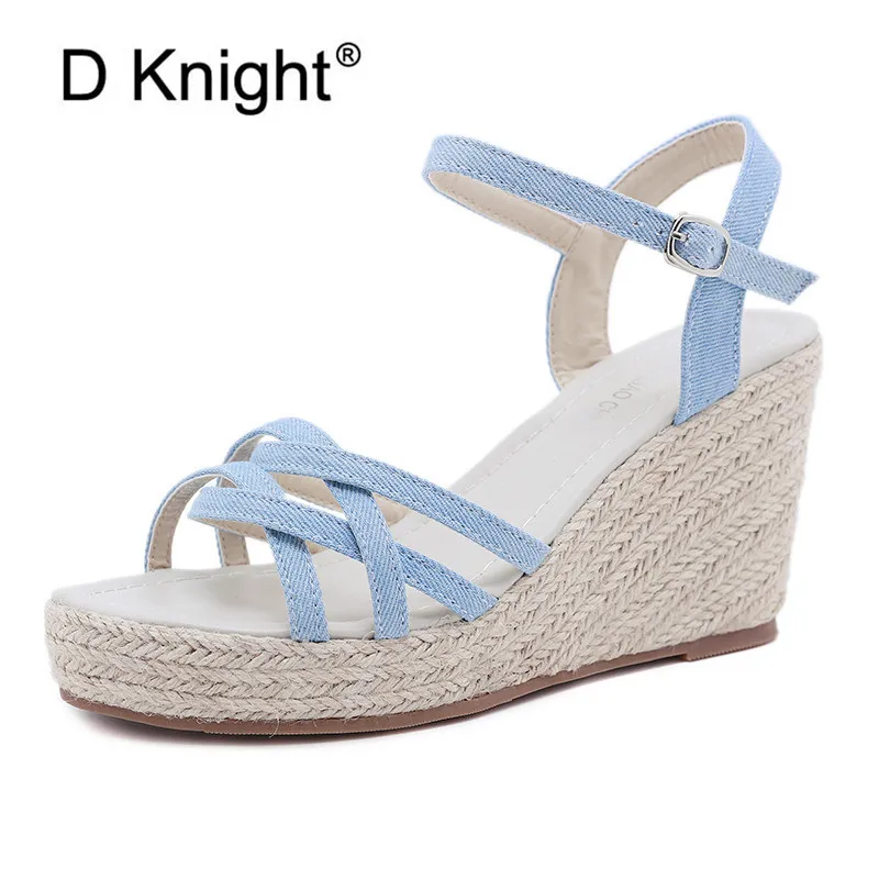 

Women Wedges Sandals Summer Blue Platform Sandal Women Casual Shoes New Thick Bottom Ankle Strap High Heel Sandalias Espadrilles