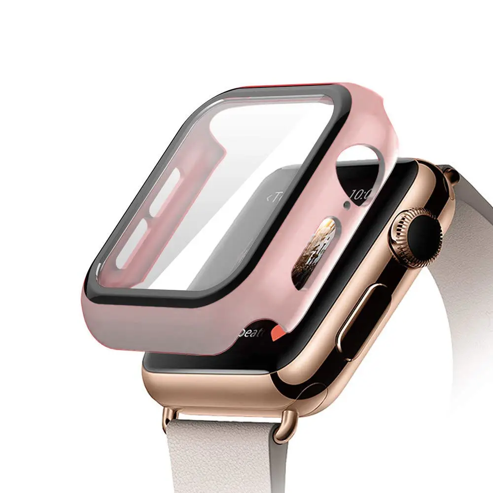 Pink Tempered Glass+case For Apple Watch 5 4 band 44mm 40 iWatch 3 2 42mm 38mm Screen Protector+cover bumper apple watch Accessories - Цвет: Pink