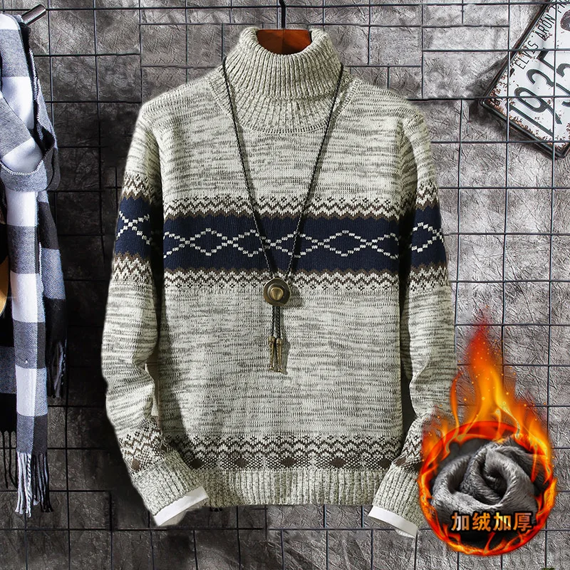 khaki plush Зимний Тонкий теплый мужской свитер с высоким воротником и длинным рукавом - Цвет: khaki plush
