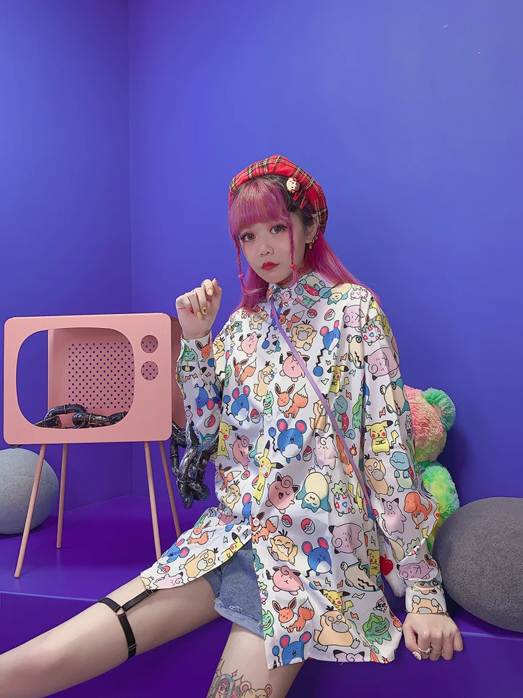Осенняя Новая женская шифоновая блузка Harajuku негабаритный мультяшный любимец эльфы с принтом BF длинный рукав женская шифоновая рубашка Топы Весна