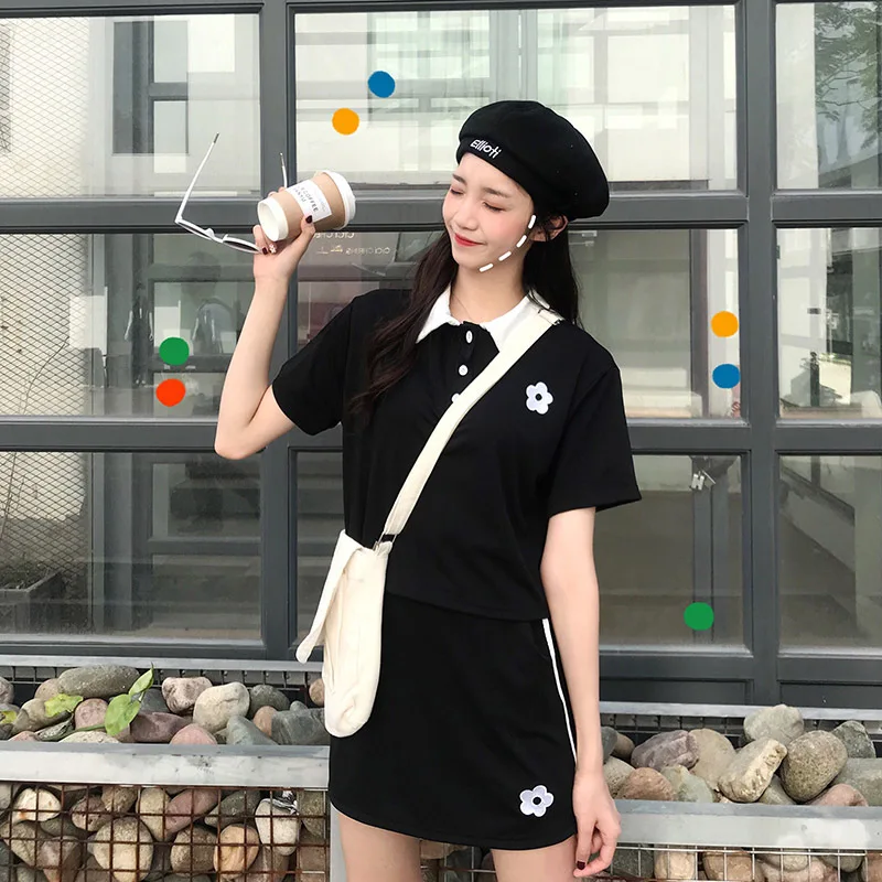 

2019 Summer Korean-style Hyuna Ventilation Network Red Two-Piece Set Versatile Fashion Contrast Color Tops Embroidered Short Ski