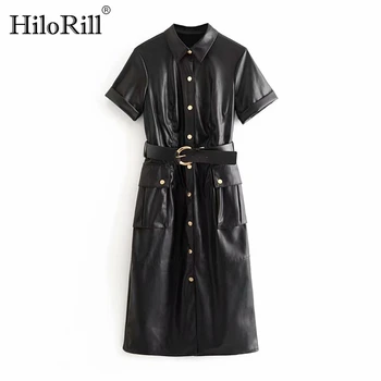 

Fashion PU Faux Leather Dress Women Short Sleeve Solid Casual Dress Stylish Turn Down Collar Pockets Dresses With Belt Vestidos