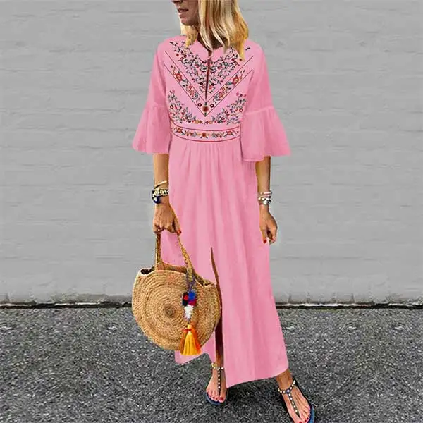 Богемное женское винтажное платье с принтом, сексуальное платье с v-образным вырезом и рукавами с оборками, длинное платье макси размера плюс, повседневное свободное платье - Цвет: pink