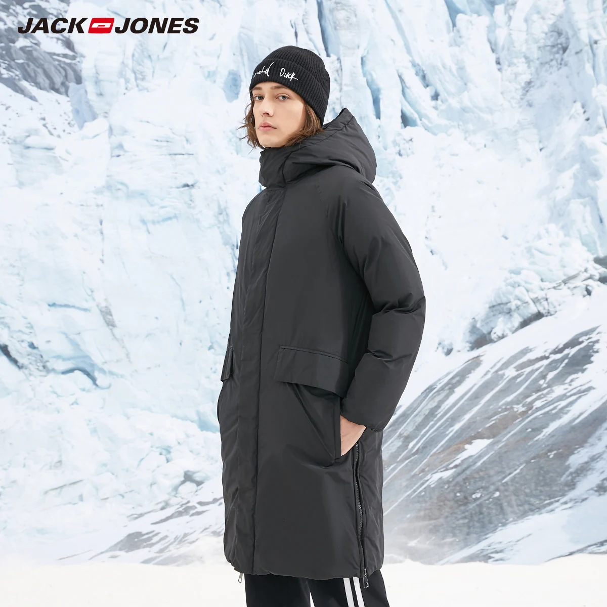 JackJones мужской зимний пуховик с капюшоном и стоячим воротником средней длины | 218412514 - Цвет: MIDNIGHT
