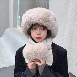 Plush Hat Women's Autumn and Winter Version Versatile Fashion Knitted Wool Lovely Hat Ears Scarf Gloves in One