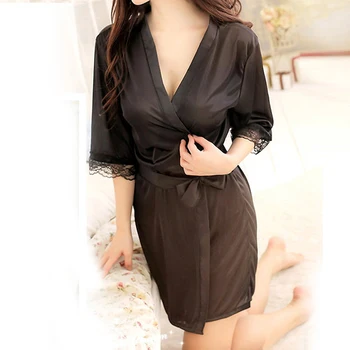 

Sexy Silk Satin Nightwear Summer Belt Robe Nightgown Lady Bathrobe Sleepwear Women Clothes