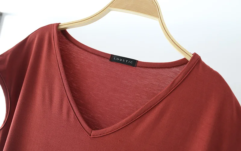 Solid V Neck Basic Tshirt Women summer modal Loose Tee Tops Casual undershirt M to 2XL235_voghion.com