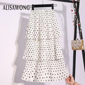 

2020 Summer New Fashion Polka Dot A-Line Skirt Women Casual High Waist Medium Long Basics Loose Cascade Ruffle Layer Skirts