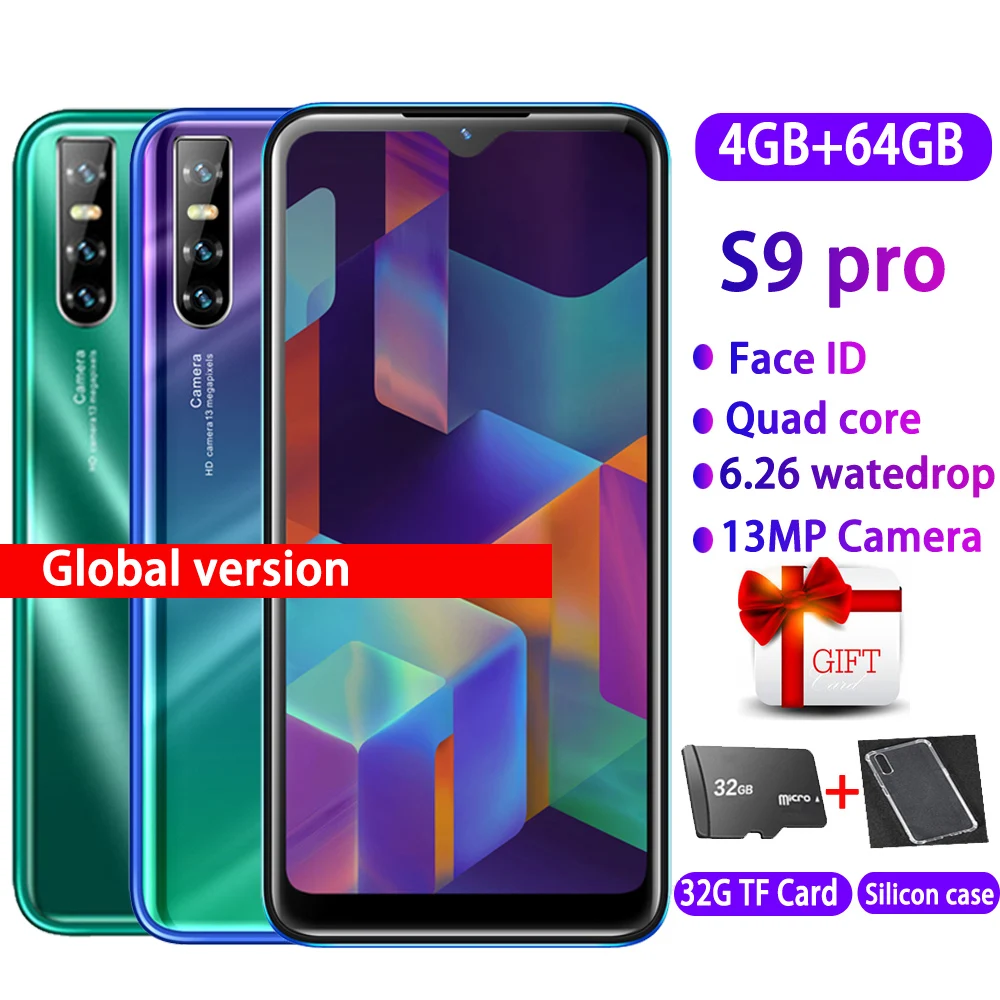 

NEWEST S9 pro 4G RAM 64G ROM MTK6580 Quad core max mobile phones Android 13MP face ID 6.26" waterdrop screen Global smartphones
