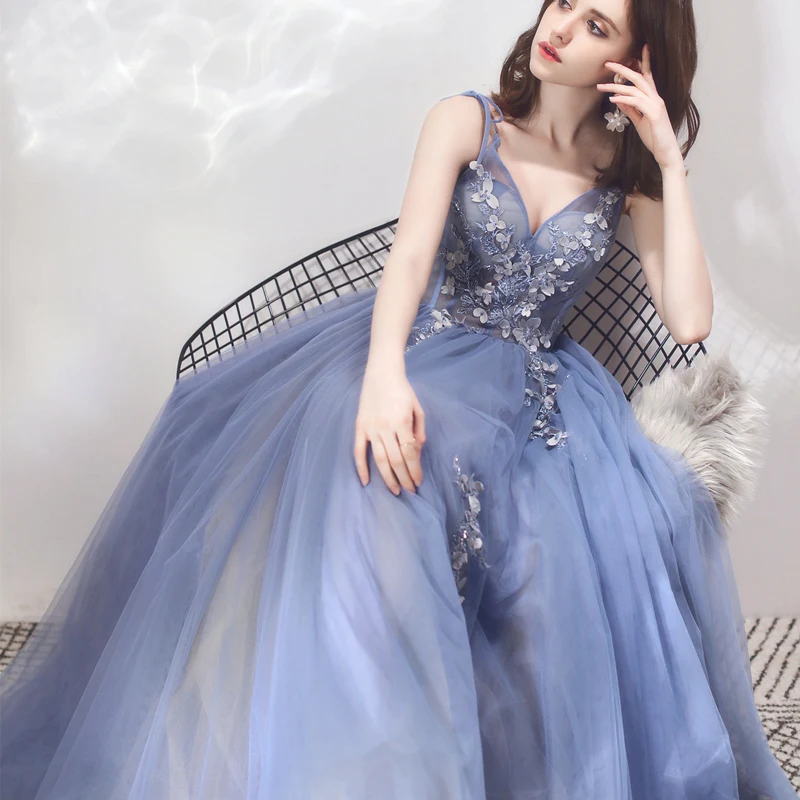 SSYFashion New Grey Blue Long Evening Dress V-neck Sleeveless Lace Flower Beading Formal Party Gowns Custom Vestidos De Noche