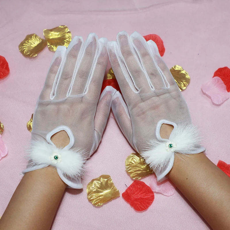 White Short Transparent Gloves Bridal Wedding Gloves Tulle Feather