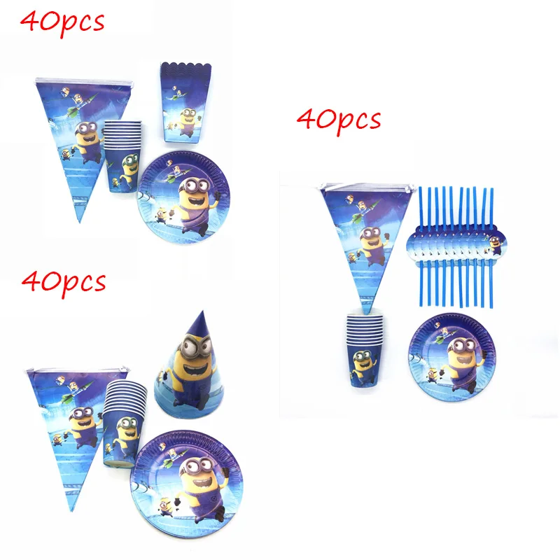 

40 pcs Minions Theme Birthday Party Decorations Supplies Cups Plates Flags Straws/Hats/Popcorn Boxes Disposable Tableware Sets
