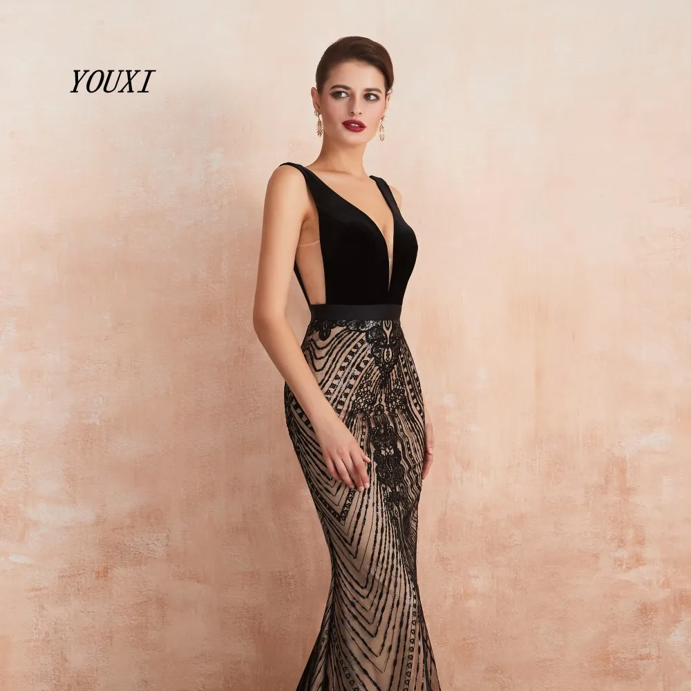 YOUXI Русалка вечернее платье сексуальное с глубоким вырезом на спине Черное и Шампанское длинное вечернее платье для выпускного вечера