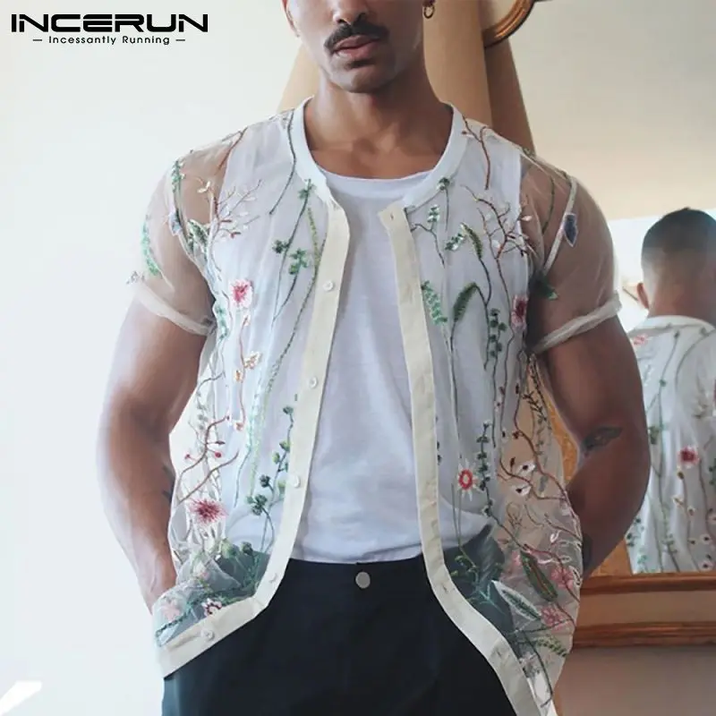 INCERUN Fashion Men Mesh Shirts Embroidered Short Sleeve Breathable Sexy See Through Tops Button Party Nightclub Shirts 5XL