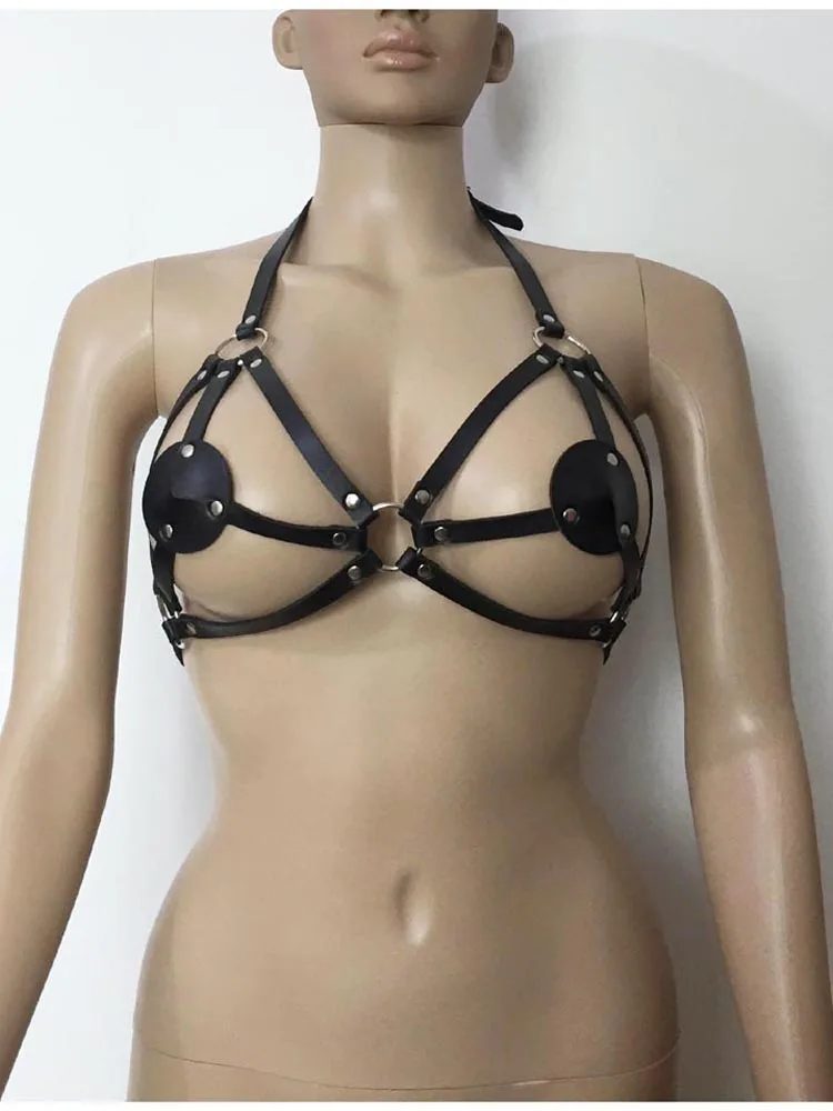 Black Women PU Leather Straps Breast Harness Bra Top Halter Open Cup Punk Fetish Wear