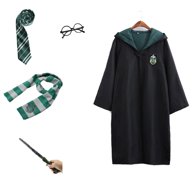 Slytherin Поттер Косплей костюмы робы плащ костюм галстук шарф палочка очки Ravenclaw Гриффиндор Hufflepuff Слизерин Косплей Плащ - Цвет: Slytherin