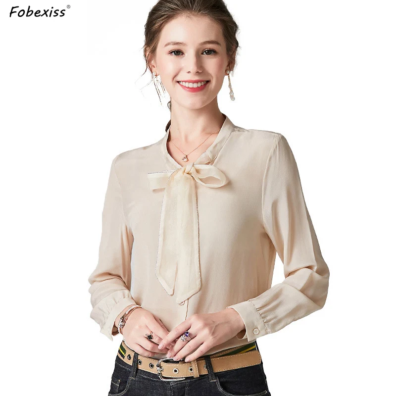 Натуральный шелк креп блузки для женщин высокое качество длинный рукав чистый шелк блузка рубашка с бантом элегантные розовые пуговицы женские топы