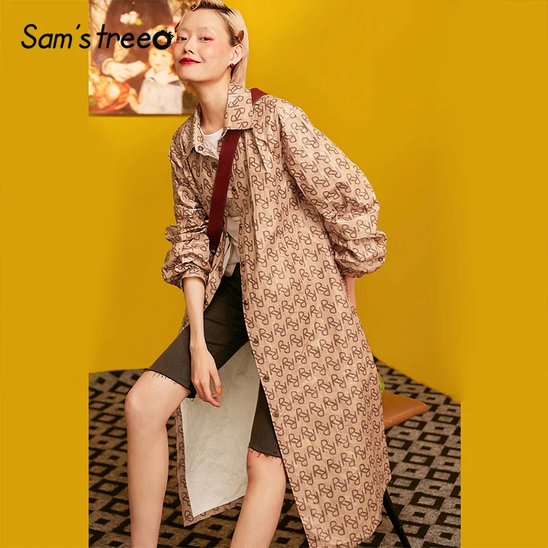 Samstree, винтажный Женский Тренч с буквенным принтом,, осенняя Повседневная однобортная Женская одежда, уличная мода, плащ