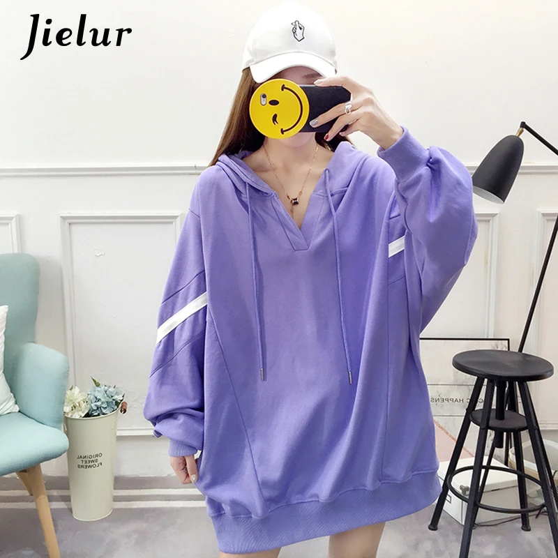 

Jielur Stripes Patchwork Oversized Hoodies Women 2019 New White Korean Sweatshirt Female Pullovers V-neck Loose Cool Streetwear
