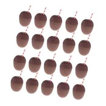 

20Pack PVC Coconut Drink Cup & Straw Hawaiian Luau Tropical Party Brown