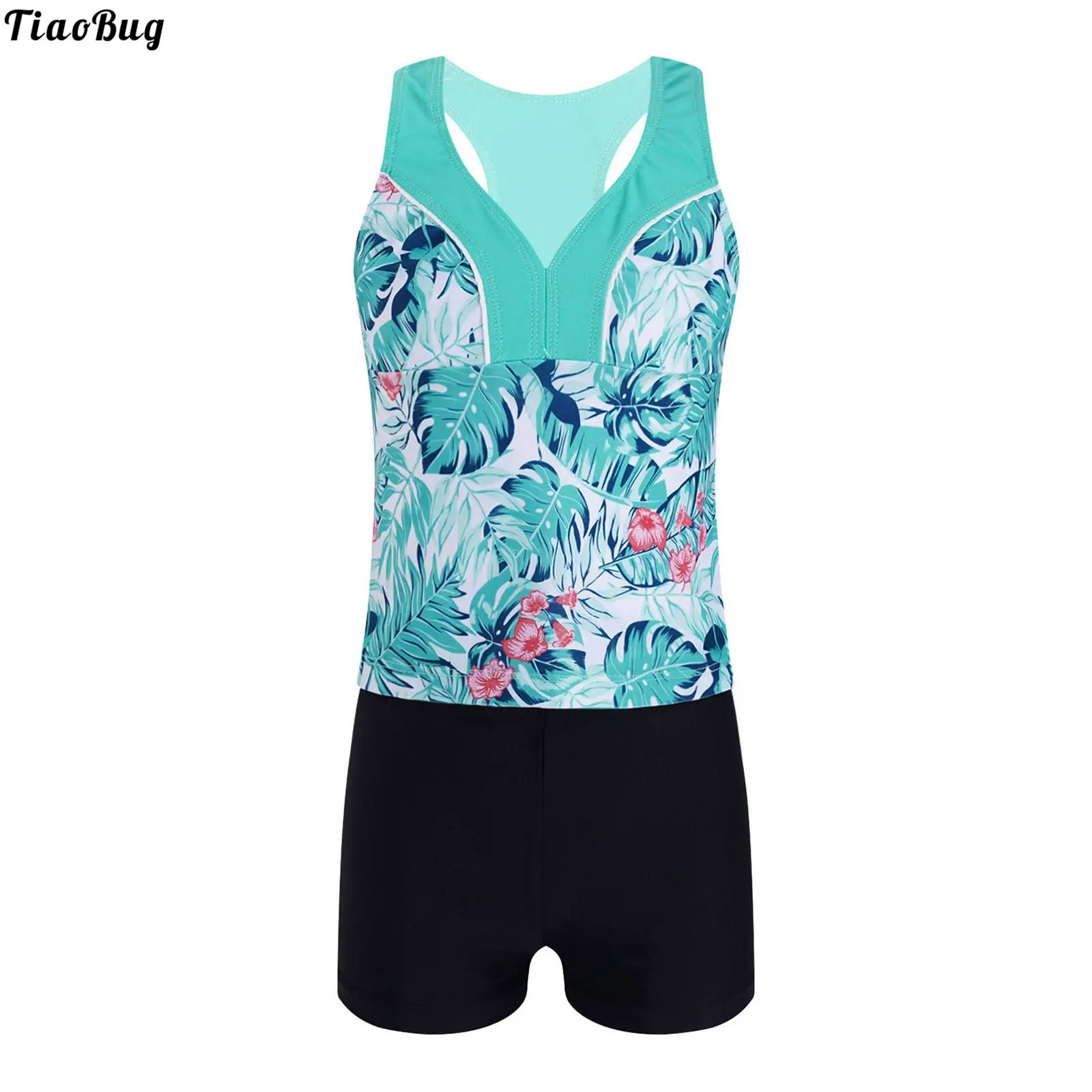 

TiaoBug Summer 2Pcs Kids Girls Swimming Suit V Neck Sleeveless Racer Back Floral Print Tops And Shorts Set Beach Swimwear Bikini