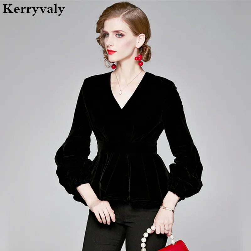 

Winter Black Retro Swan V Collar Golden Velvet Shirt Blusas Mujer De Moda 2019 Lotus Leaf Womens Tops Blusa Feminina K383