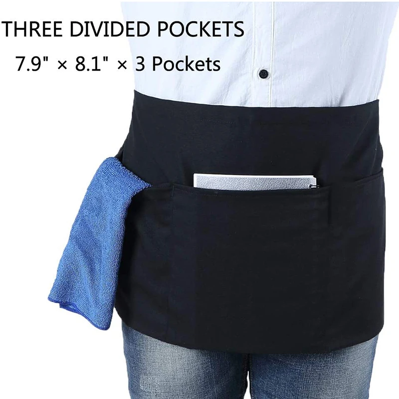 TG888 Black Half Short Apron Waist Waitress Server Aprons with 3 Zipper Pockets 