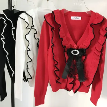 

Wood Ear V-neck Slim Bowknot Knitted Cardigan Sweater Women 2020 New Fall/winter Loose Sweater Coat Female Knitwear