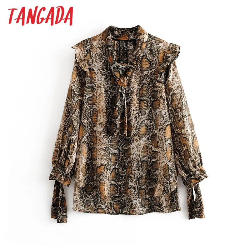 

Tangada women ruffle snake print shirts oversized long sleeve bow tie neck ladies high street blouses tops 3H09