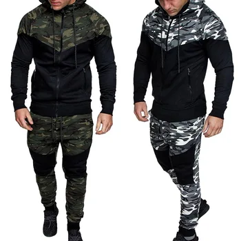 

2020 New Camouflage Printed Men Set Causal Patchwork Jacket Men 2Pcs Tracksuit Sportswear Hoodies Sweatshirt Pants Suit