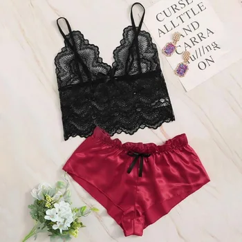 

Sexy Pajamas Women Plus Size Lace Lingerie Summer Sleepwear Satin Thin v-neck Cute Backless Pyjamas Women Pijama Sexy Mujer XL