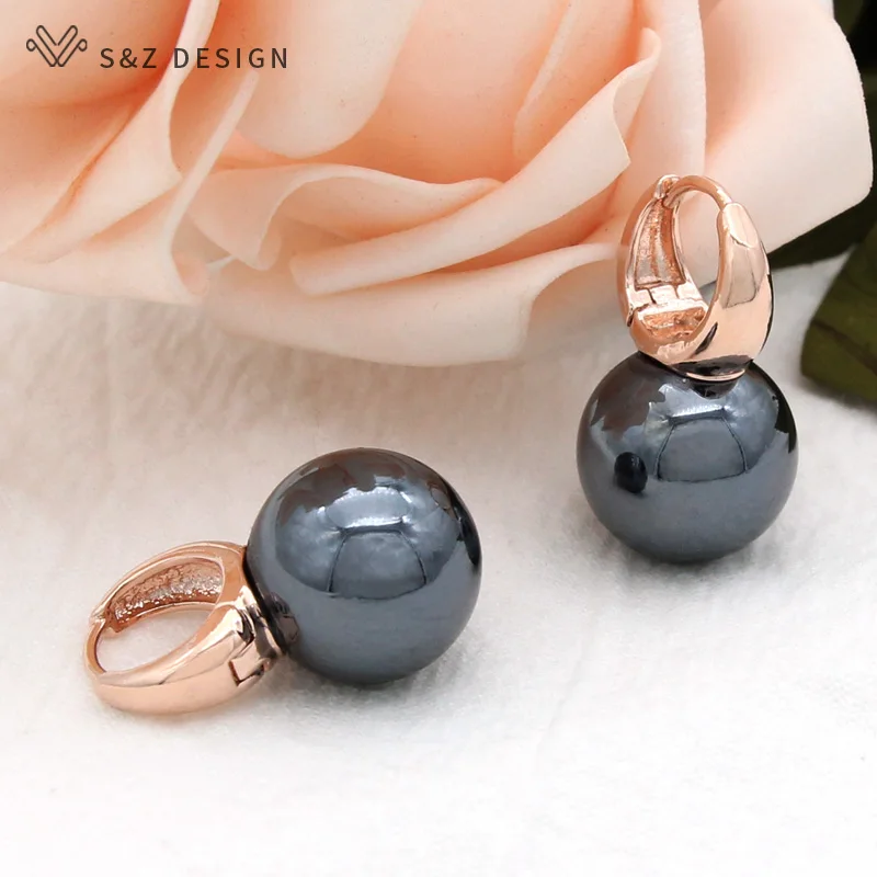 S&Z DESIGN New Fashion Fine Round Imitation Pearl Dangle Earrings For Women 585 Rose Gold Color Wedding Jewelry