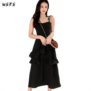 

Summer Midi Dresses Spaghetti Strap Ruffles Black Women Dress Elegant Bodycon Bandage Sexy Party Ladies Mermaid Long Loose Dress