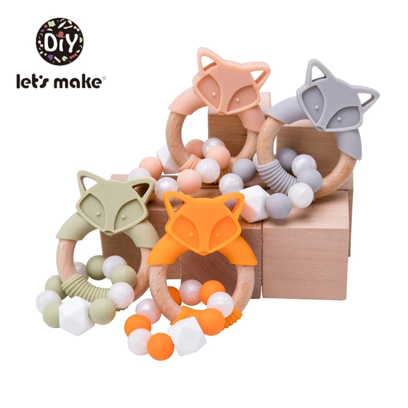 

Let's Make 1pc Baby Wood Teether Cartoon Fox Food Grade Silicone Animal Teether Beech Wooden Teething Ring Baby Nursing Bracelet