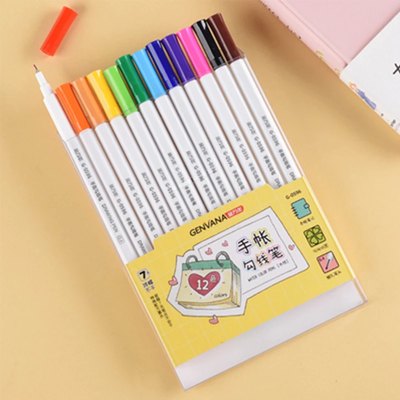 

GENVANA Creative Hand Account Hook Line Pen Needle Pen 12 Colors Water-based Pen Students Use for Notes Hand Drawn DIY G-0596