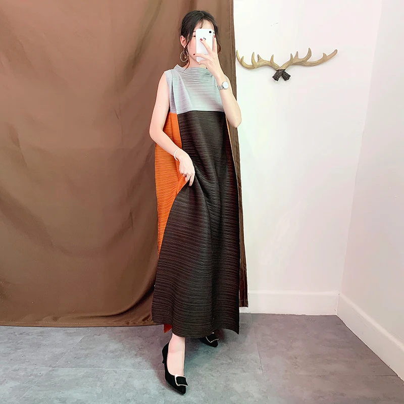 

Japan Style Miyake Pleated Dress High Quality Sleeveless Ankle-Length Loose Style Women Dresses Plus Size 50kg to120kg