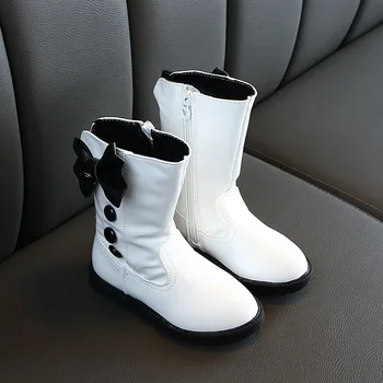 

New Girl Leather Mid-calf Boots Bow-knot Children Red Rubber Botas Fashion All-match Flat Heel Children Warm Boot