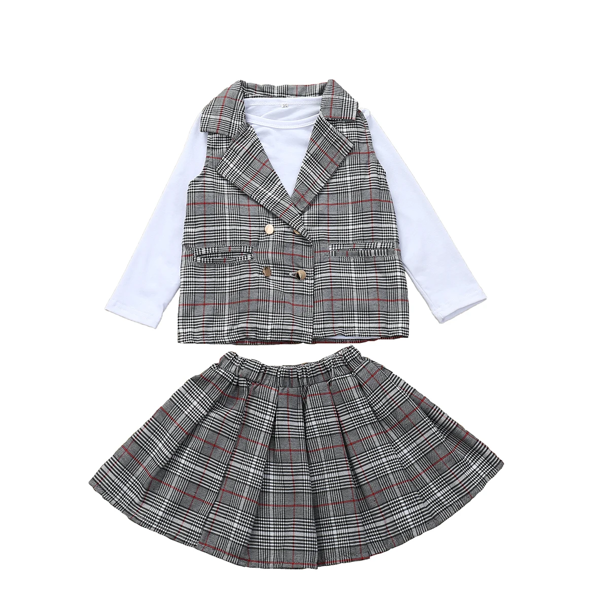 Осенний комплект из 3 предметов для маленьких девочек клетчатый жилет+ футболка+ юбка модные весенние комплекты