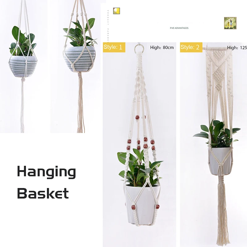 1pc Home Decor Hanging Basket Plant Hanger Wall Decoration Handmade Macrame Flower Pot Rope for Countyard Garden | Дом и сад