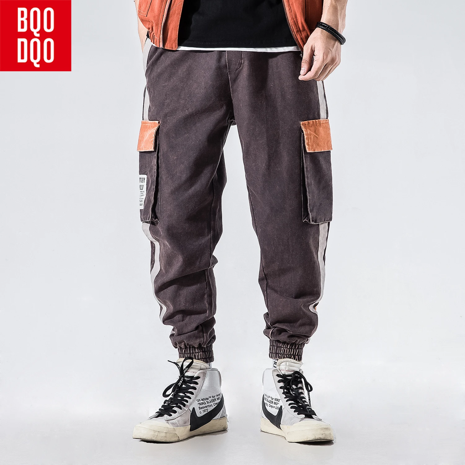 

BQODQO Big Pockets Joggers Harem Pants Stripe Streetwear Harajuku Hip Hop Fashion Trouser Military Loose Cargo Sweatpants Cotton