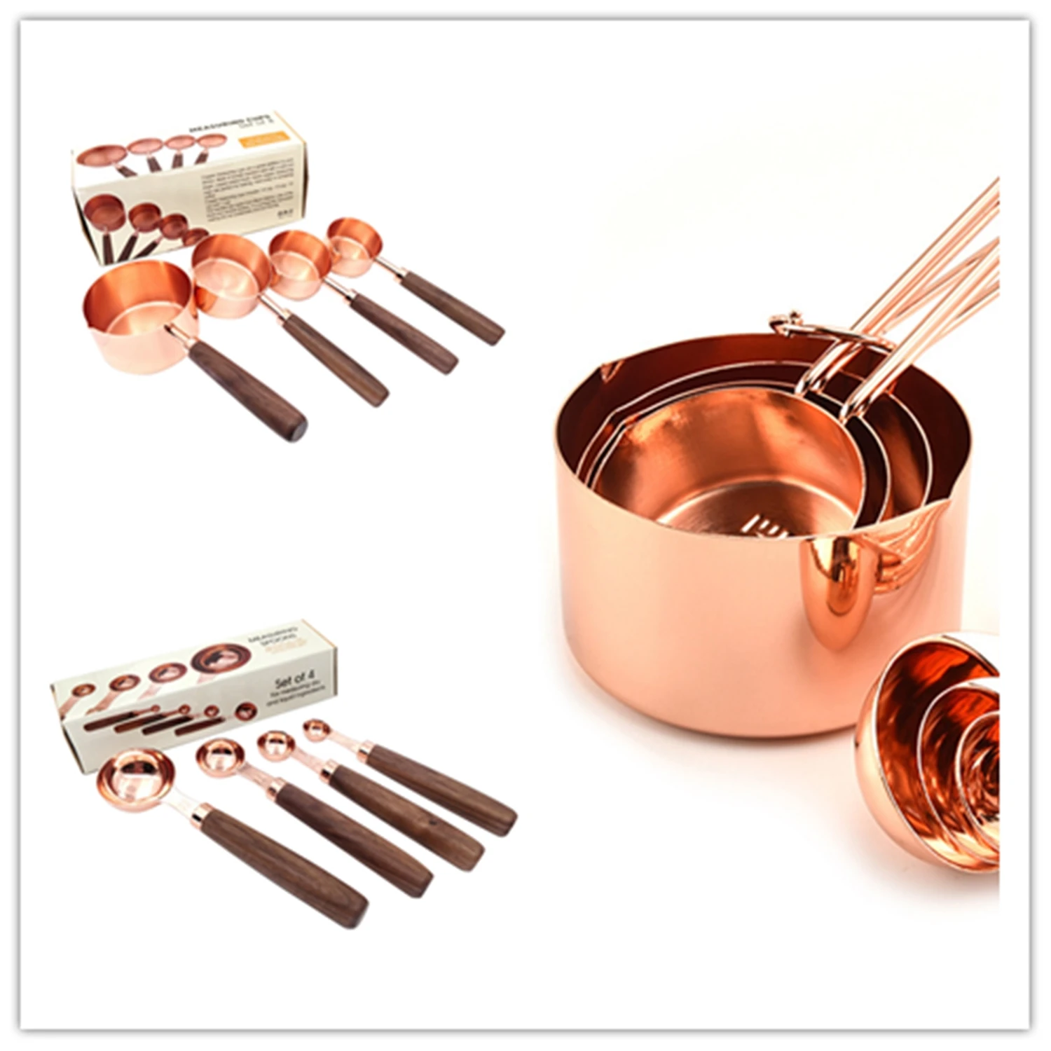 

4 Pieces / Set Rose Gold Measuring Cup Spoon with Scale with Thickened Wooden Handle Stainless Steel Copper Plated Baking Tool