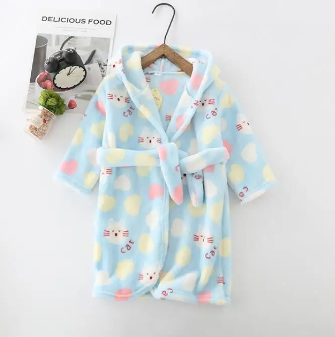 Зимний детский халат, флисовые халаты для мальчиков и девочек, пижамы, теплая детская пижама, банный Халат - Цвет: skyblue cat