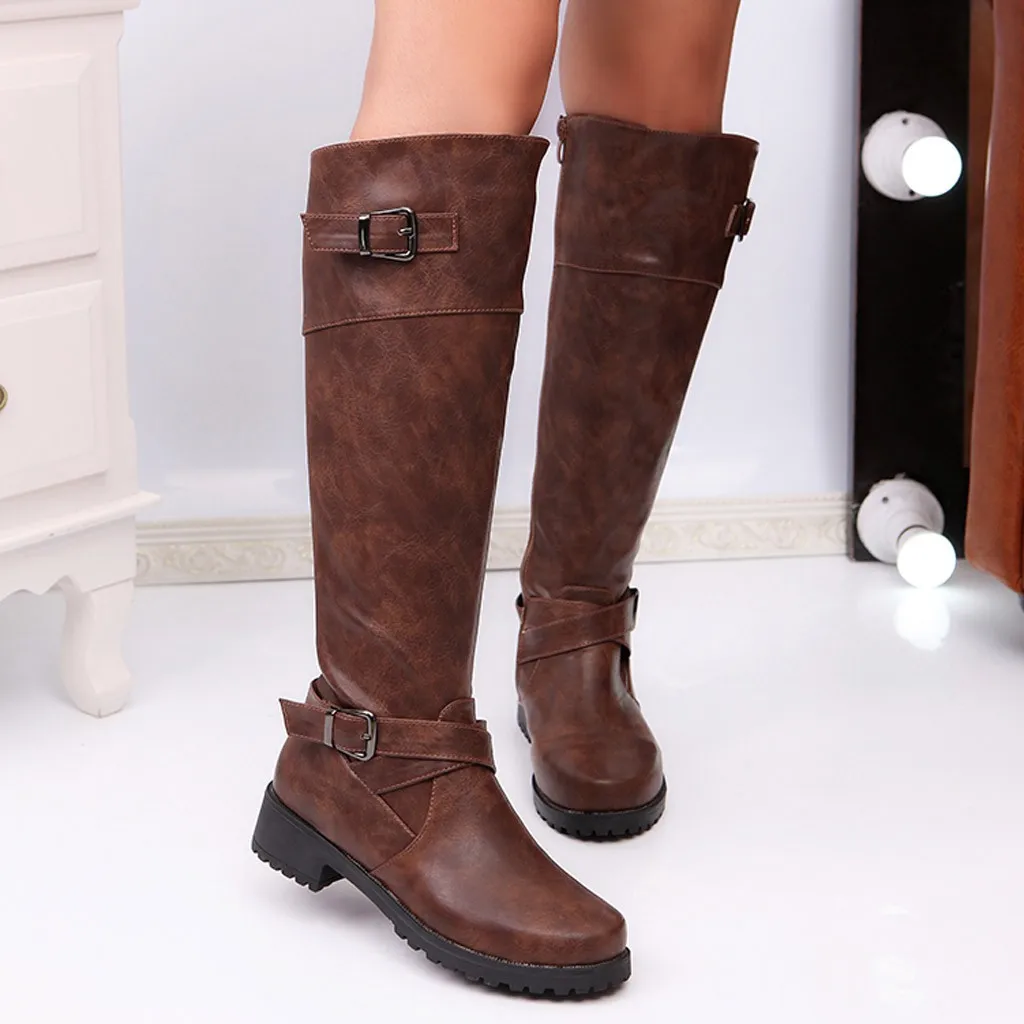 

Fashion Women's warm boots Fashion Round Toe Belt Buckle Leather Boots Student Casual shoes woman Middle Tube Large Size Boots