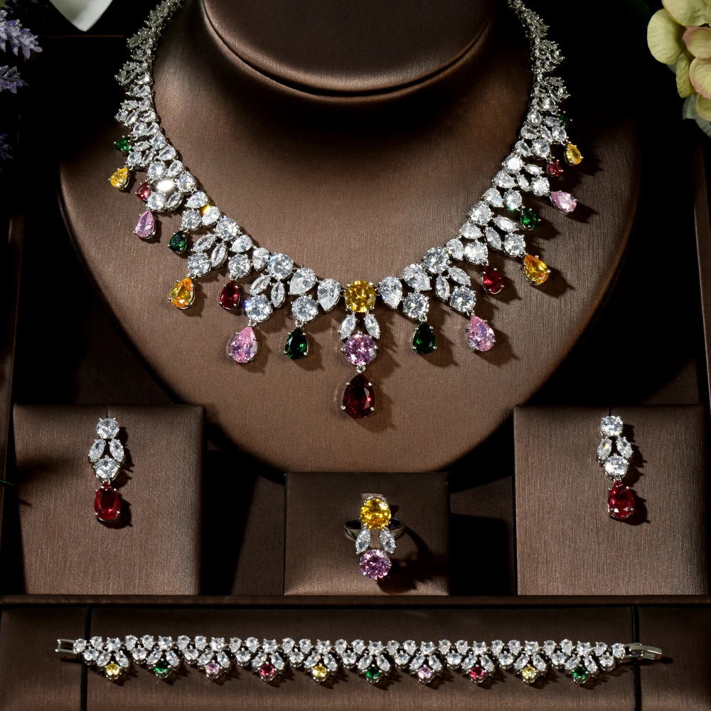 HIBRIDE Sparking Multi-color Water Drop Shape AAA CZ Stone Women Earring Necklace Jewelry Sets Wedding Accessories N-1483 - Image 2