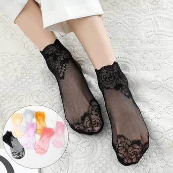 

1 Pairs Sexy Black Fashion Women Summer Cotton Lace Flower Antiskid Invisible Liner Low Cut Ankle Socks Heart Pattern Hosiery