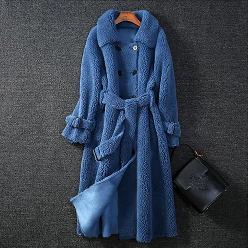 Женская зимняя меховая куртка из настоящей овечьей шерсти, Женская плюшевая Толстая теплая Натуральная овечья шерсть, длинное пальто большого размера - Цвет: Blue